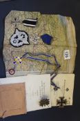 German Medals and Patches with Silk German Handkerchief depicting a map of France