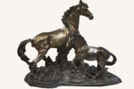 A Large Impressive Bronzed Resin Double Horse Sculpture, 19" Tall, 25" Long