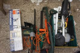 Lot containing Electrical Chain Saw, Strimmer, Hedge Cutters, Work Bench, Metal Detector, Portable