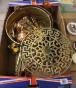Tray lot of Brass Wares comprising Bucket, Jam Pan, Small Brass Table, Door Knockers, Ladels, Coat
