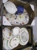 Two Trays featuring Plates by various manufacturers, lidded serving bowl, Mayfair Bowls and Oval
