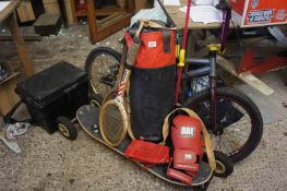 A collection of Sporting Equipment to include Jump Bike, Fishing Box, Boxing Gloves and Pads,
