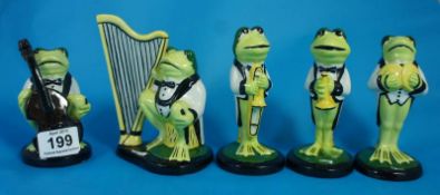A Five Piece Lorna Bailey Frog Band Cello, Harp (damaged), Cymbals, Trombone and Trumpet (5)