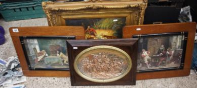 Pair of 1920's Oak Prints of Cavaliers in Oak Frames, Embossed Copper Plaque in Wooden Frame,
