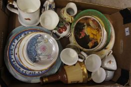 Tray featuring a Large amount of Mixed Collector Plates, Cups, Tankards, Wade Bells Decanter and a