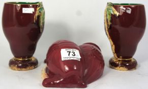 Beswick Red Palm Ware Wall Plaque 1063 and a Pair of Beswick Vases 1072 (3)