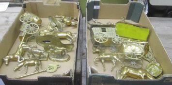 Two Trays comprising Assorted Brasswares to include Horse and Carriages, Brass Horse and Foals,