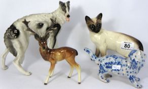 Beswick Siamese Standing Cat 1897, Unmarked Model of a Lurcher, German Stag and a Delft Standing Cat