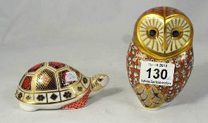 Crown Derby Paperweights Owl and Toirtoise both with gold stoppers  (2)