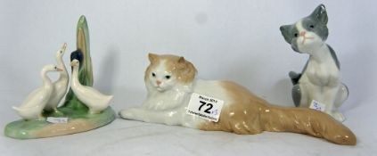 Lladro Figure of a Seated Cat, Nao Figure of Laying Cat and a Nao Figure of Three Geese (3)