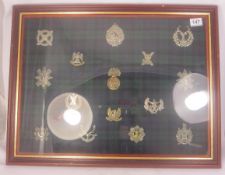 Large Framed Group of Military Cap Badges from Scottish Regiments to include Highland Regiment,