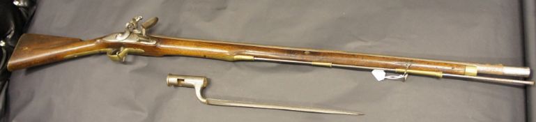 British Brown Bess Rifle, 39" Barrel, Stamped GR and Tower, Matching Bayonet, General Good Condition
