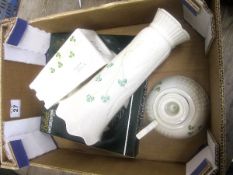 Tray comprising a Boxed Belleek China Plate with a Shamrock Design, Belleek Vase and Two Donegal