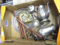 Tray comprising Metal Plate Tea Set, Folding Walking Stick, Brass items etc