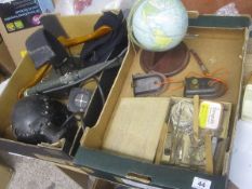 Two Trays comprising Technical Drawing Set, Tin Plate Globe, Mining Helmet and Aparatus, German