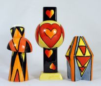 Lorna Bailey Vase decorated with love hearts, Rocket vase and Another Unusual shaped vase, tallest