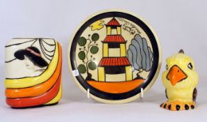 Lorna Bailey Bowl decorated in the Pagoda Garden design, Deco Lady vase and small Bird  (3)