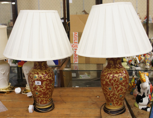 Two Highly decorative Red and Gold Lamps with shades