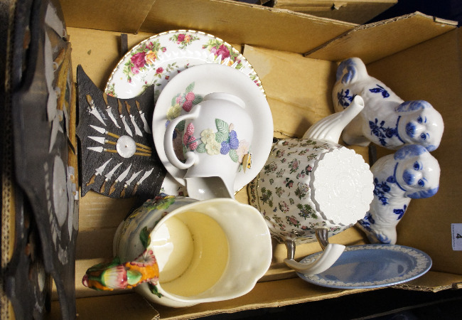 A collection of Pottery to include a Pair of Blue and White Fireside Dogs, Crown Devon Fieldings