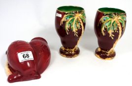 Beswick Red Palm Ware Wall Plaque 1063 and a Pair of Vases (3)