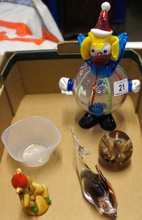 Tray comprising Murano Glass Clown, Caithness Paperweight and Bowl, Glass Fish and a Gnome (5)