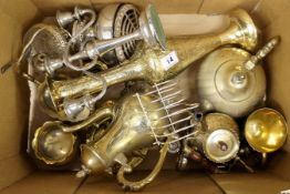 Tray of Mixed Silver Plate / Brass Items to include Tea Pot, Coffee Pot, Vase, Toast Rack, Goblet,
