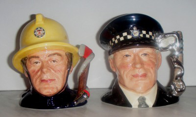 Royal Doulton Character Jugs "Journey Throughout Britain" Fireman D6839 and Policeman D6852 (2)