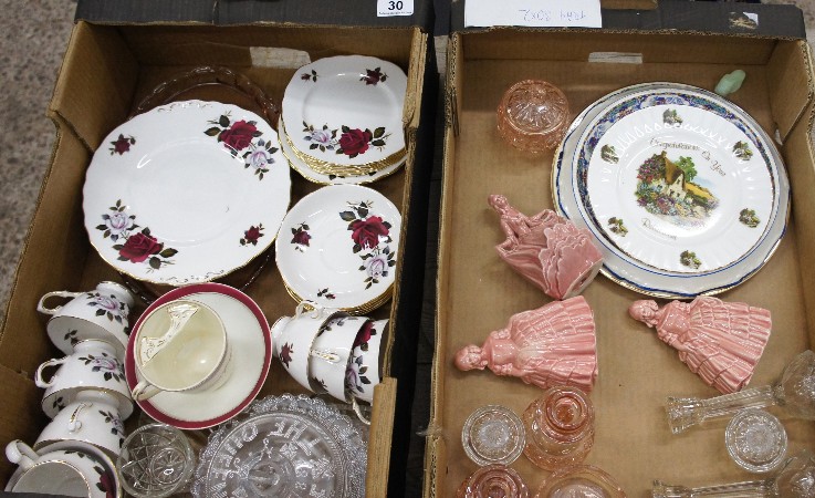 Tray comprising Cranberry Glass Tray, Colclough Tea Set, Glass Trays and Commemoratives etc (