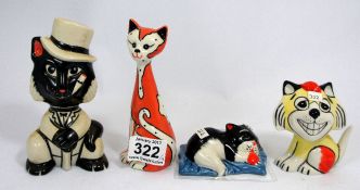 A collection of Lorna Bailey Comical Cats Cat with Top Hat, Pink and White Cat, Smiling Yellow and