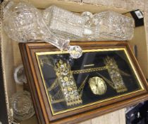 Tray of mixed items including Glass, Cut Glass Decanters, Clock with Tower of London in Wooden