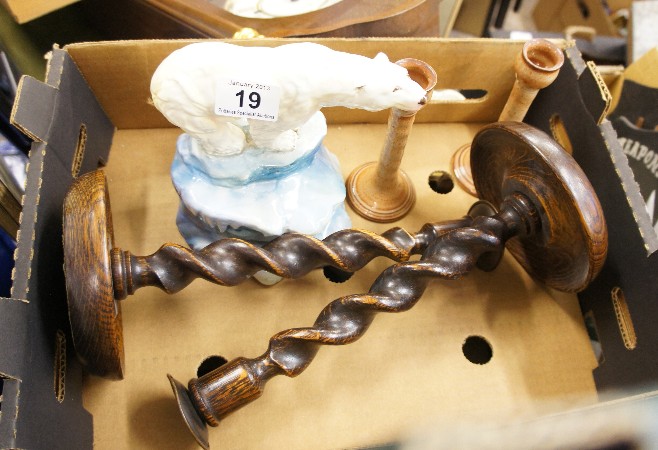 Tray comprising Ceramic and Wooden Candlestick Holders and A Polar Bear on Rock (3)