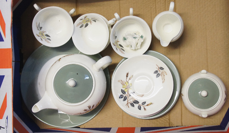 Wedgwood Yellow Rose / Greenwood Tea Set comprising Tea Pot, Serving Plate, Small Plates, Tea