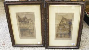 Two Large Wooden Filgree Framed and Mounted Pictures of Chester Pubs 60cm Height x45cm Width (2)