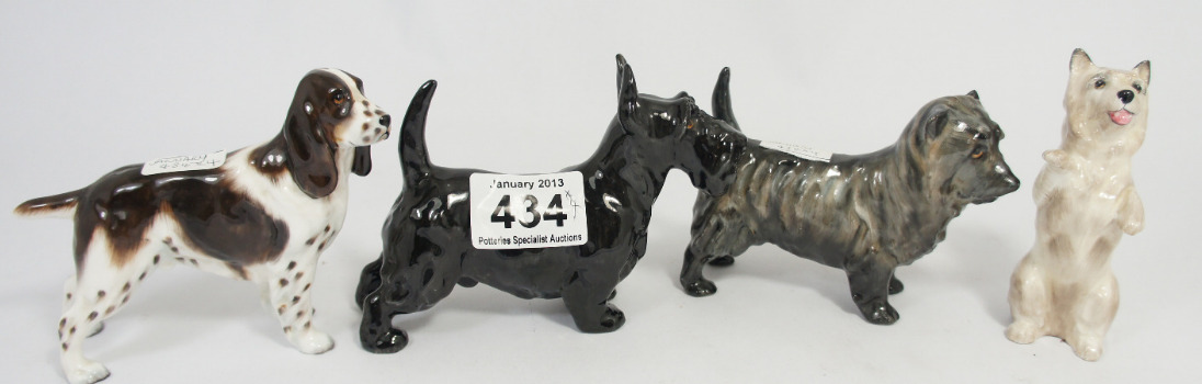 Royal Doulton Standing Pekinese HN1010, Springer Spaniel HN2517, Cairn Terrier HN1035 and Cairn