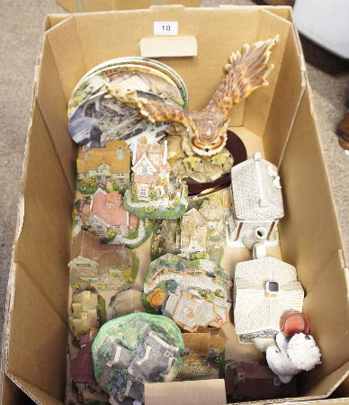 Large Tray of Mixed Resin Cottages, Large Owl Figure, Ornamental Tea Pots and Collector Plates (
