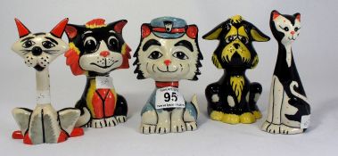 A selection of Lorna Bailey Cat Figures to include Smiling Pink, Yellow and Black Cat, Black and