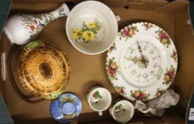 Tray comprising Royal Albert Old Country Roses Wall Clock, Portmerion Wild Strawberry, Aynsley Vase,
