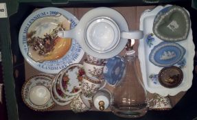 Tray comprising Sandwich Plates, Wedgwood Jasperware, Old Country Roses Coasters, Bells,