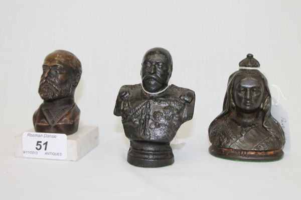 HM King Edward VII - a bronze bust on marble plinth, 9cm, a cast iron bust in Military uniform,