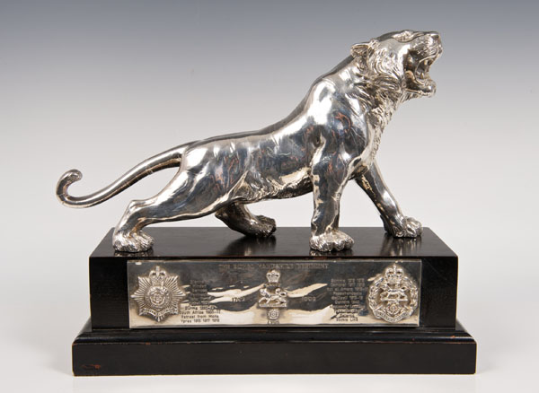 Good quality regimental silver trophy with attractive roaring tiger surmount, on an ebonised