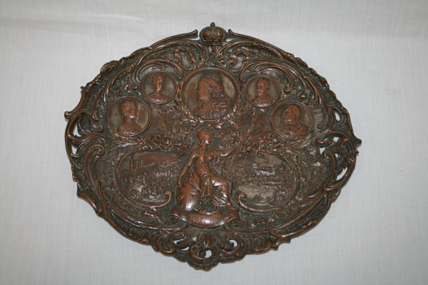 HM Queen Victoria, Diamond Jubilee 1897 - a bronzed electrotype dish ornately decorated with busts