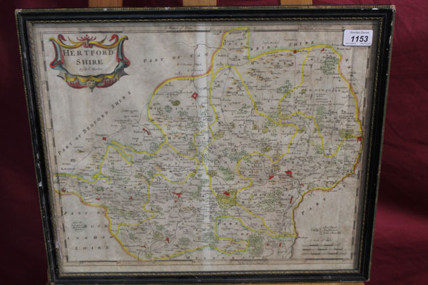 Robert Morden, hand-coloured engraved map of Hertfordshire, in glazed frame, 38cm x 45.5cm