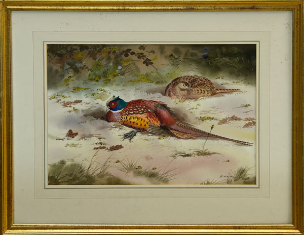 *Robert W. Milliken (b. 1920), watercolour study of a cock and hen pheasant in snow, signed, in