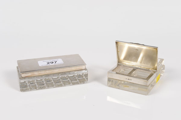 George V silver mounted cut glass stamp box of rectangular form, with two stamp compartments and a