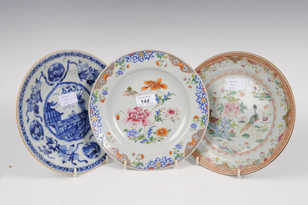 Three eighteenth century Chinese export plates, comprising two polychrome painted plates with