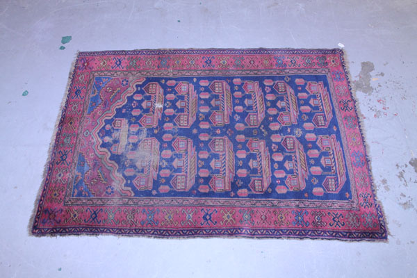 Old Persian rug with geometric decoration on red and blue ground, 195cm x 126cm