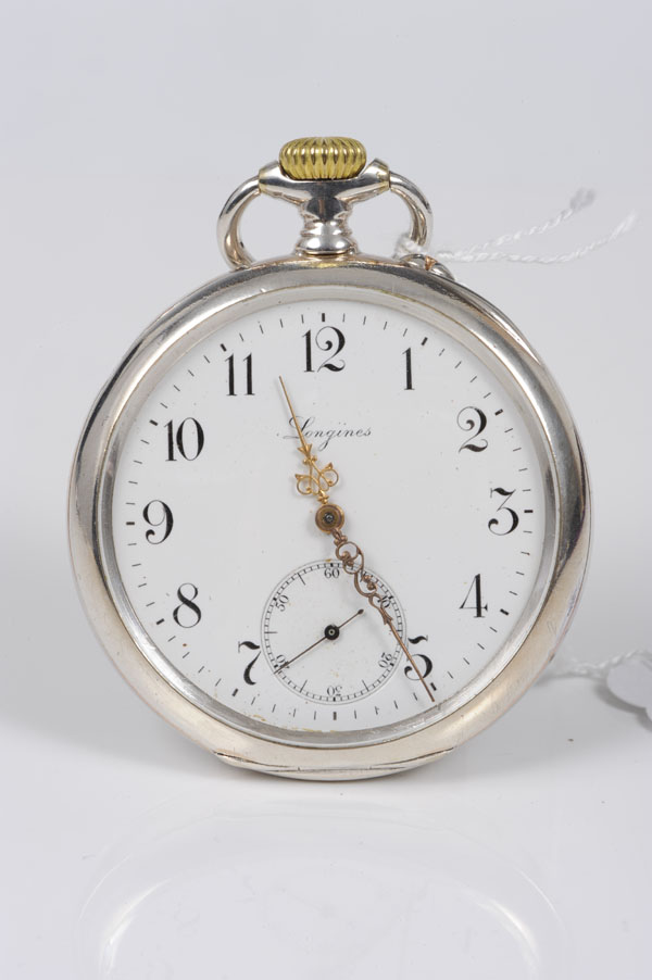 Longines pocket watch with button-wind movement and white enamel dial in 800 standard case, numbered