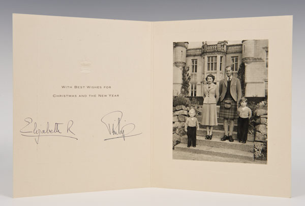 HM Queen Elizabeth II and The Duke of Edinburgh - signed 1950s Christmas card with embossed gilt