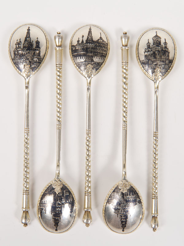 Five fine quality Russian silver gilt spoons with teardrop bowls and twisted stems, underside of