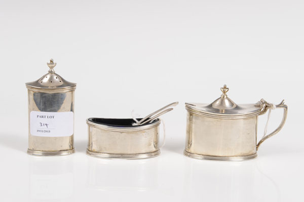 Contemporary silver three piece condiment set, comprising salt of oval form with reeded borders